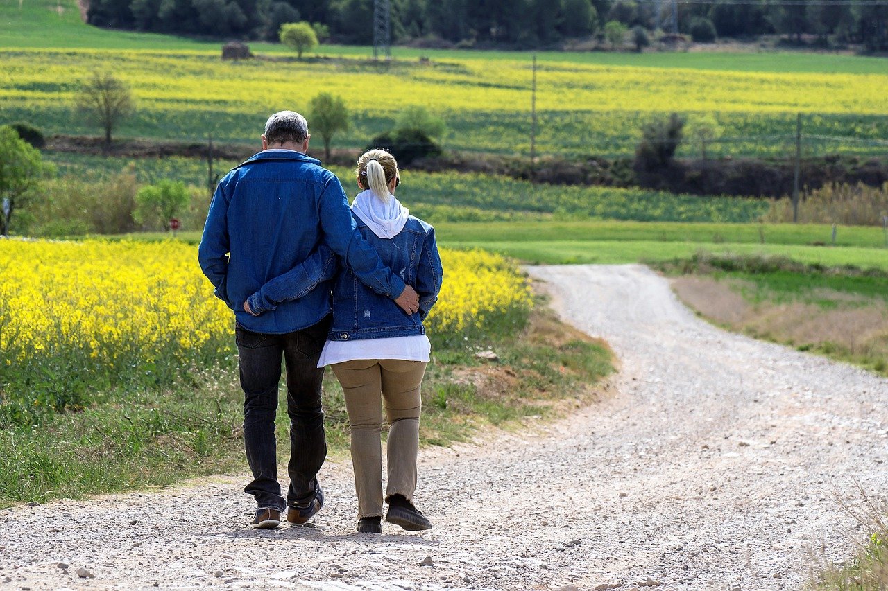 walk, beautiful flowers, couple