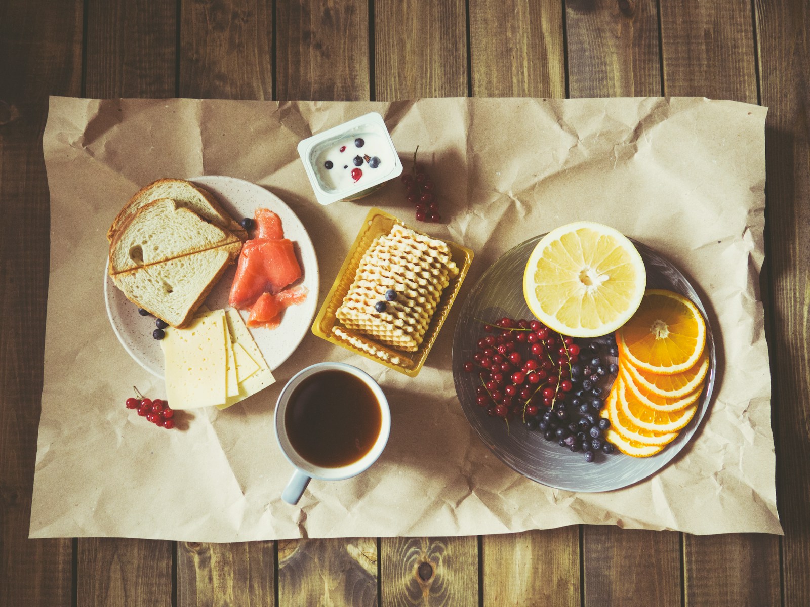 bread and fruits on plate